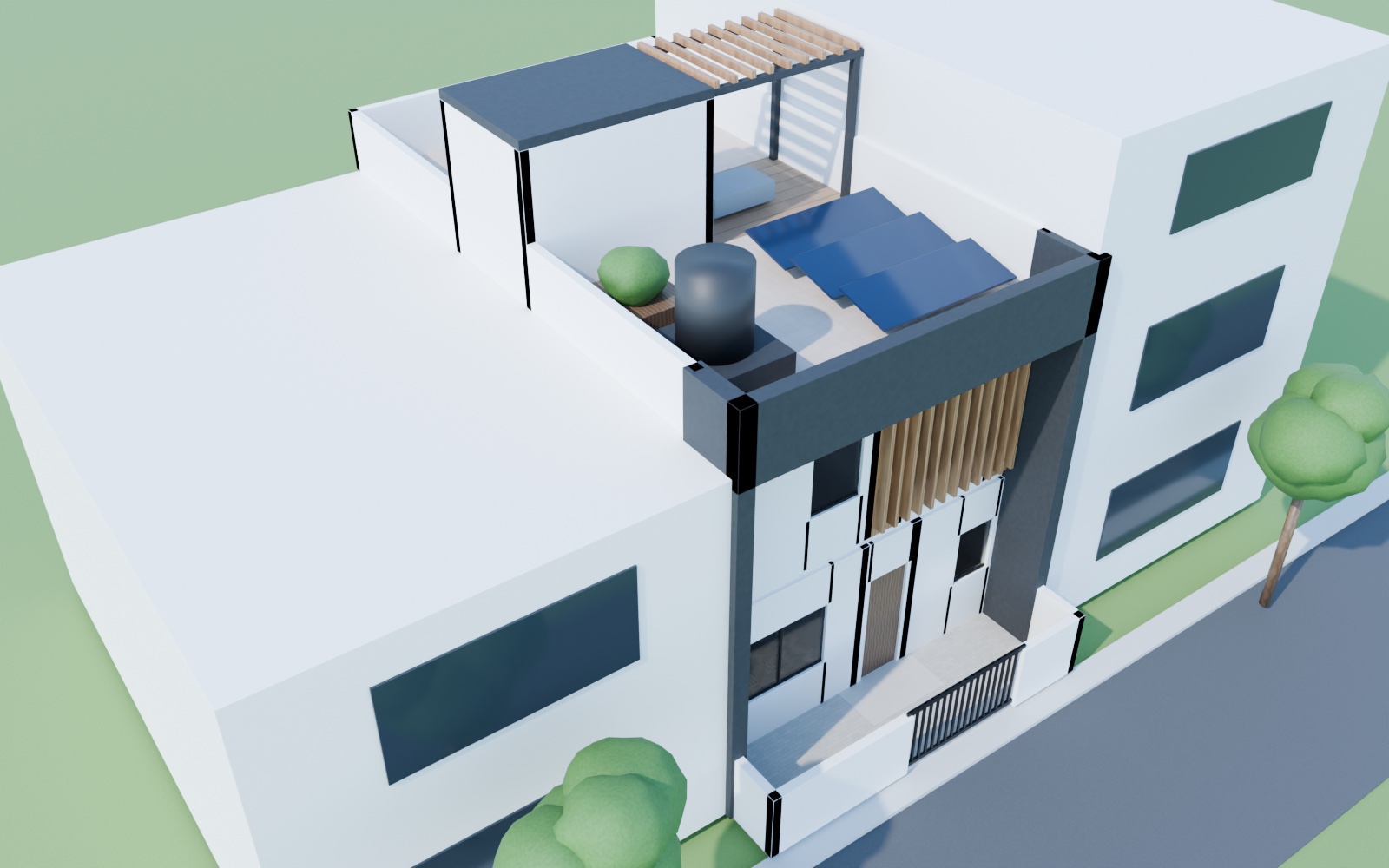 Aerial view showing the south-west water tank, solar panels over the lounge and the pergola