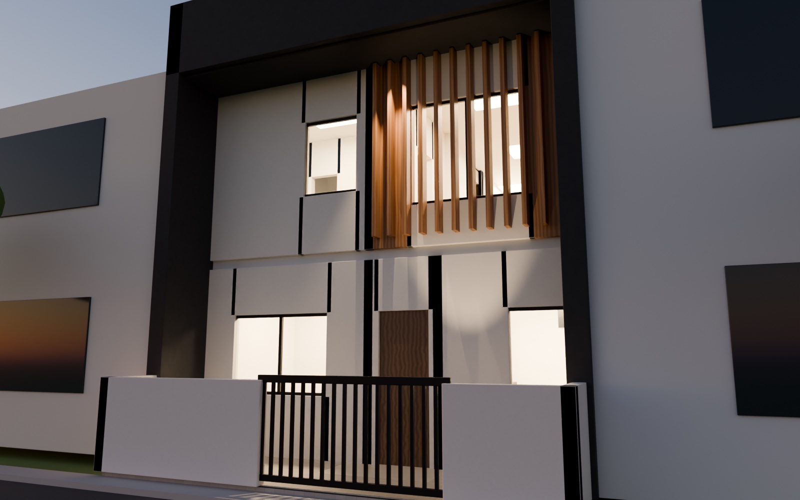 The house at dusk with warm light in the dining, kitchen, bedroom and lounge windows