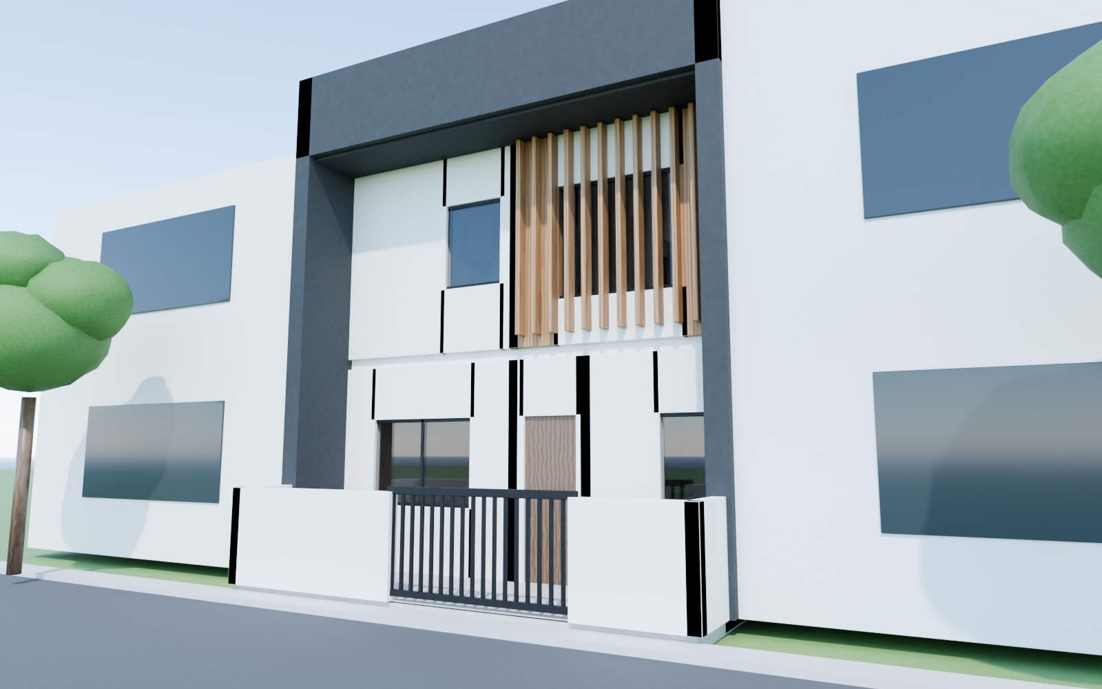 Street view of the south facade: charcoal concrete frame, teak fins over the lounge, bedroom and kitchen windows